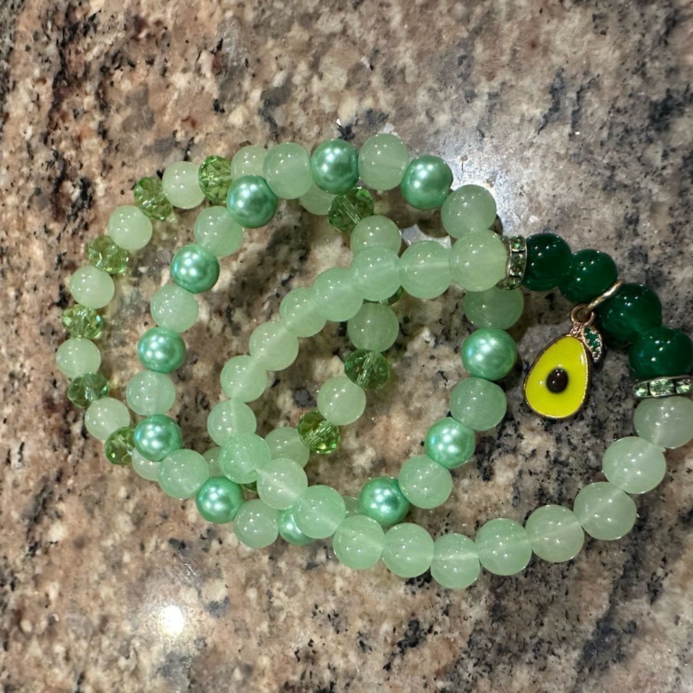 Handmade green glass beaded stretch bracelets avocado charm